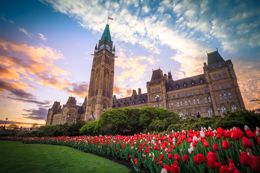 View of Canada Parliament building in Ottawa during tulip festiv